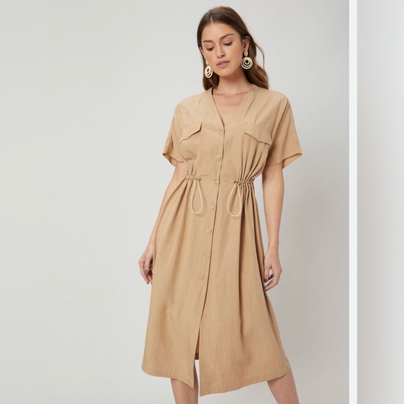 Mango Utility Drawstring Khaki Beige Mocha Brown Midi Linen Dress size S - Picture 3 of 11